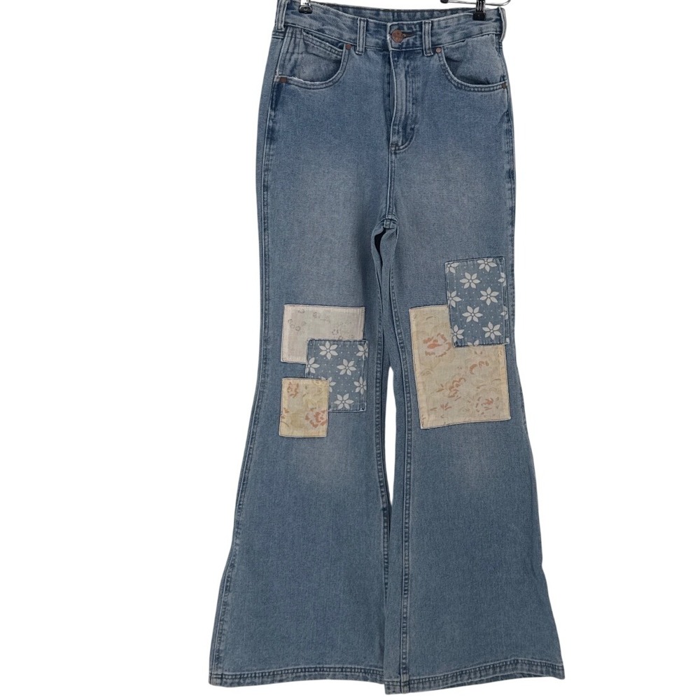 Billabong Wrangler Womens Flare Jeans 28 Blue Patchwork High Rise Bell Bottom